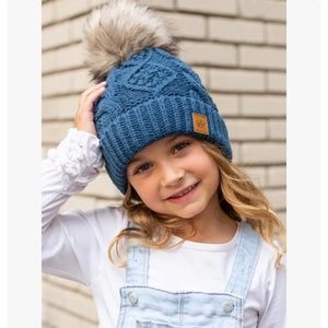 Panache Kids slate blue cable knit hat with faux fur pom accent